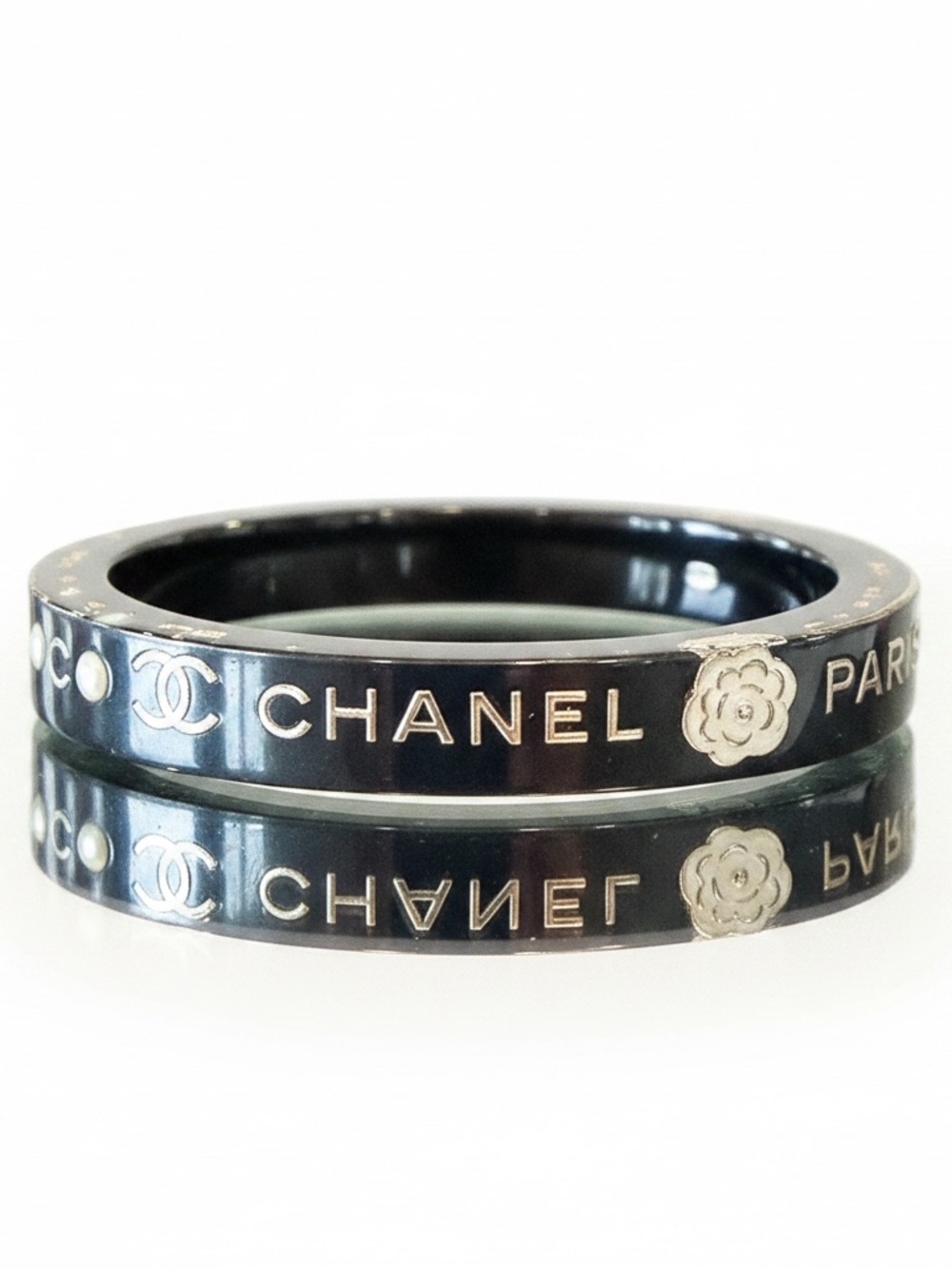 CHANEL Black and Silver Resin Logo Bangle
